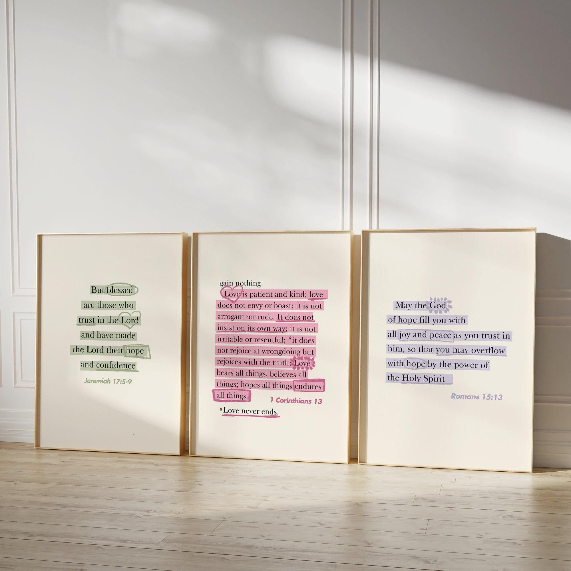 Set of 3 Bible Verse Poster, Scripture Print, Jesus Quote Art Print, Christian Gift For Her Corinthians Script